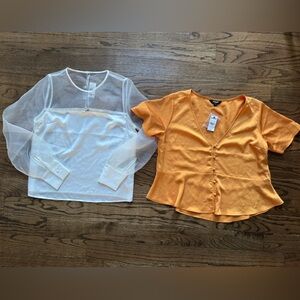 Express Sheer Organza Blouse + Orange Short Sleeve Top Bundle NWT Medium
